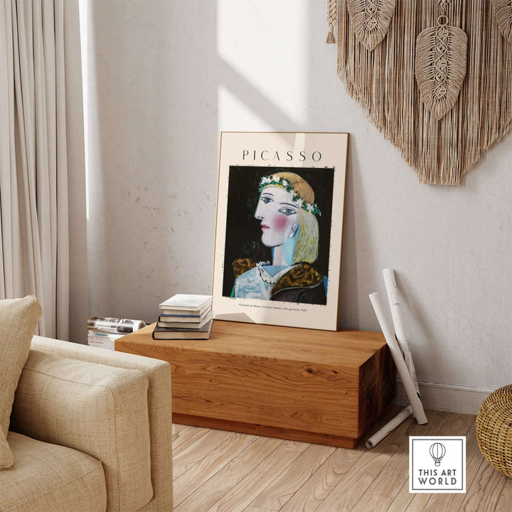 Picasso art print of Marie-Thérèse Walter with garland, displayed in a modern living room setting.