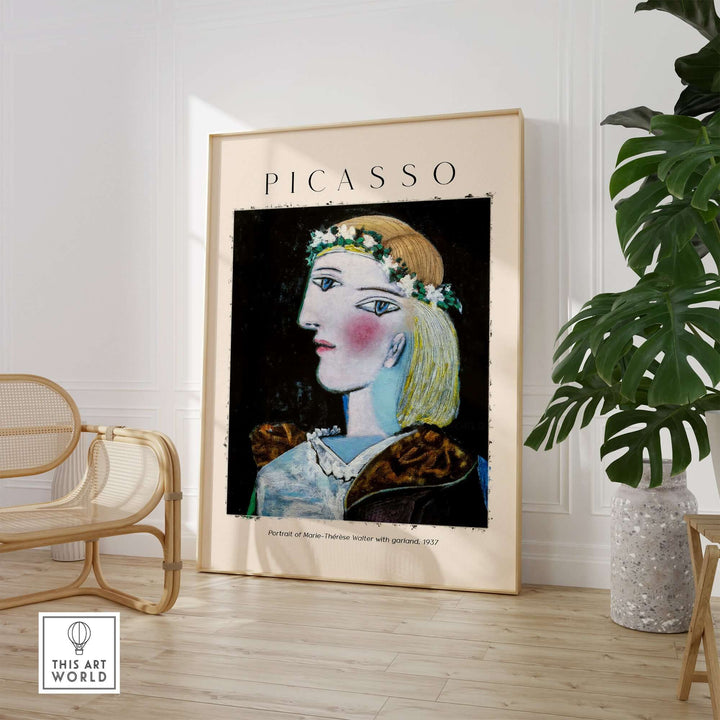 Picasso art print of Marie-Thérèse Walter with garland, 1937, featured in a modern interior setting.