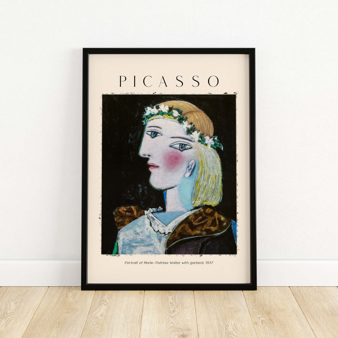 Picasso art print of Marie-Thérèse Walter with garland, 1937, Cubist poster featuring a profile portrait.