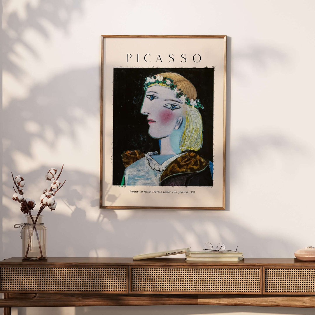 Picasso art print of Marie-Thérèse Walter with garland, 1937 Cubist woman poster framed on a wall.