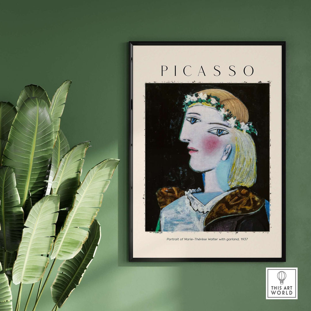 Picasso Portrait of Marie-Thérèse Walter with garland 1937 art print poster in a modern setting.