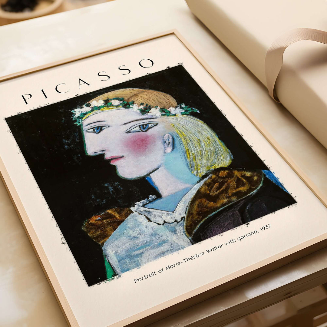 Picasso Art Print of Marie-Thérèse Walter with floral garland, cubist style, 1937 portrait in a stylish frame.