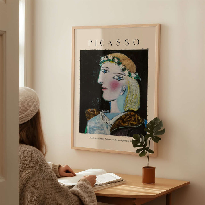 Cubist art print of Picasso's Portrait of Marie-Thérèse Walter from 1937, displayed on wall with viewer.