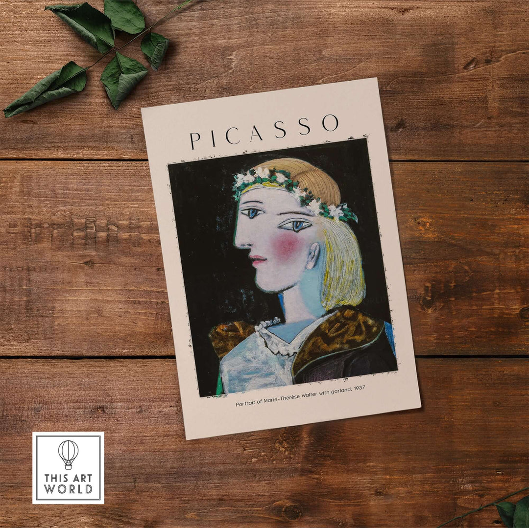 Picasso art poster of Marie-Thérèse Walter with garland, 1937, featuring Cubist style and floral accents.