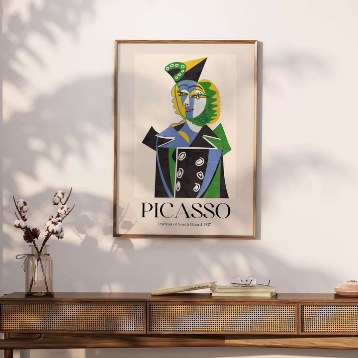 Colorful Cubist art print of Picasso's 'Nusch Eluard' portrait, featuring vibrant geometric shapes and bold colors.