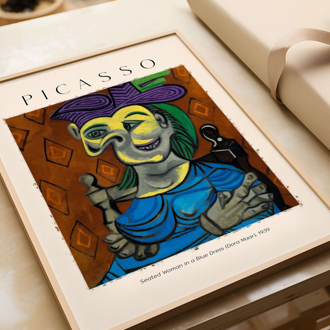 Picasso Seated Woman in Blue Dress art print, 1939 Cubist portrait of Dora Maar with vibrant colors against a patterned background.