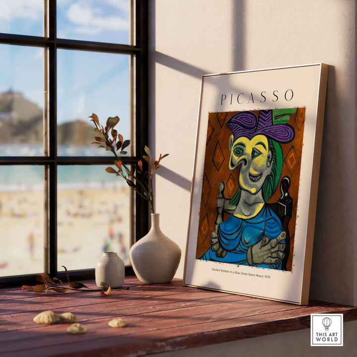 Picasso's 1939 portrait print 'Seated Woman in Blue Dress' displayed on a windowsill, showcasing Cubist art style.