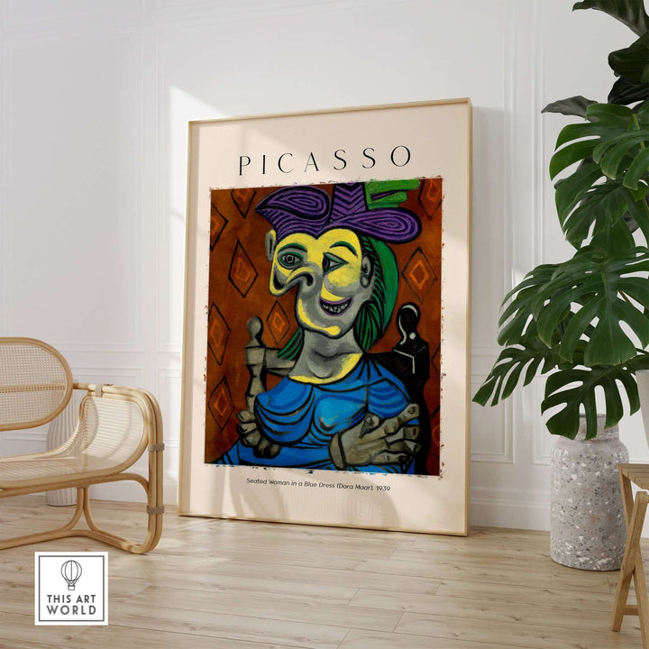 Picasso Seated Woman in Blue Dress Dora Maar 1939 art print, vibrant Cubist portrait poster in stylish interior.
