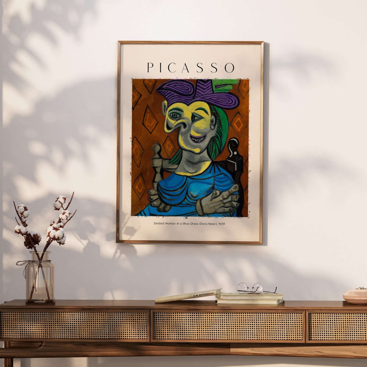 Picasso's Seated Woman in a Blue Dress (Dora Maar) 1939 art print, vibrant cubist portrait wall decor.