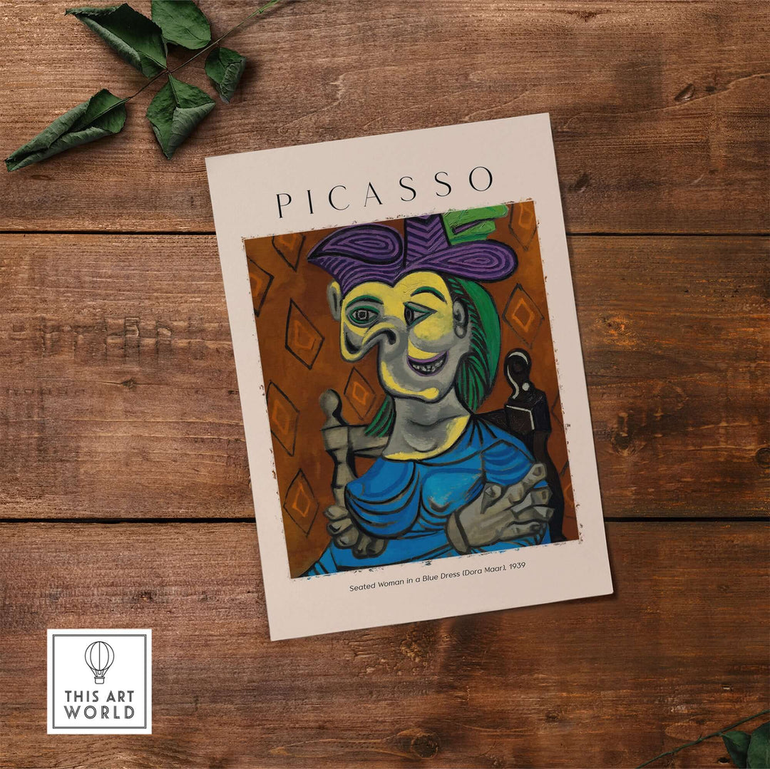 Picasso's 1939 print 'Seated Woman in Blue Dress (Dora Maar)' featuring vibrant colors and Cubist style.