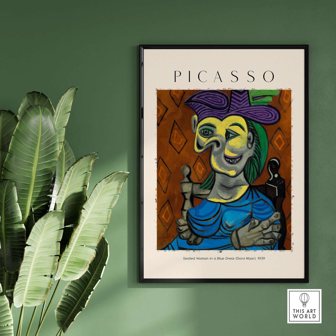 Picasso art print of Seated Woman in a Blue Dress (Dora Maar), 1939, featuring Cubist design and vibrant colors.