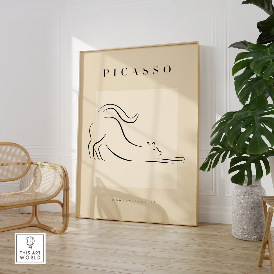 Minimalist Picasso-inspired line art poster featuring a stretching cat in a gallery setting.