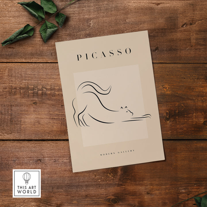 Minimalist Picasso stretching cat line art poster on beige background, ideal for modern gallery wall decor.