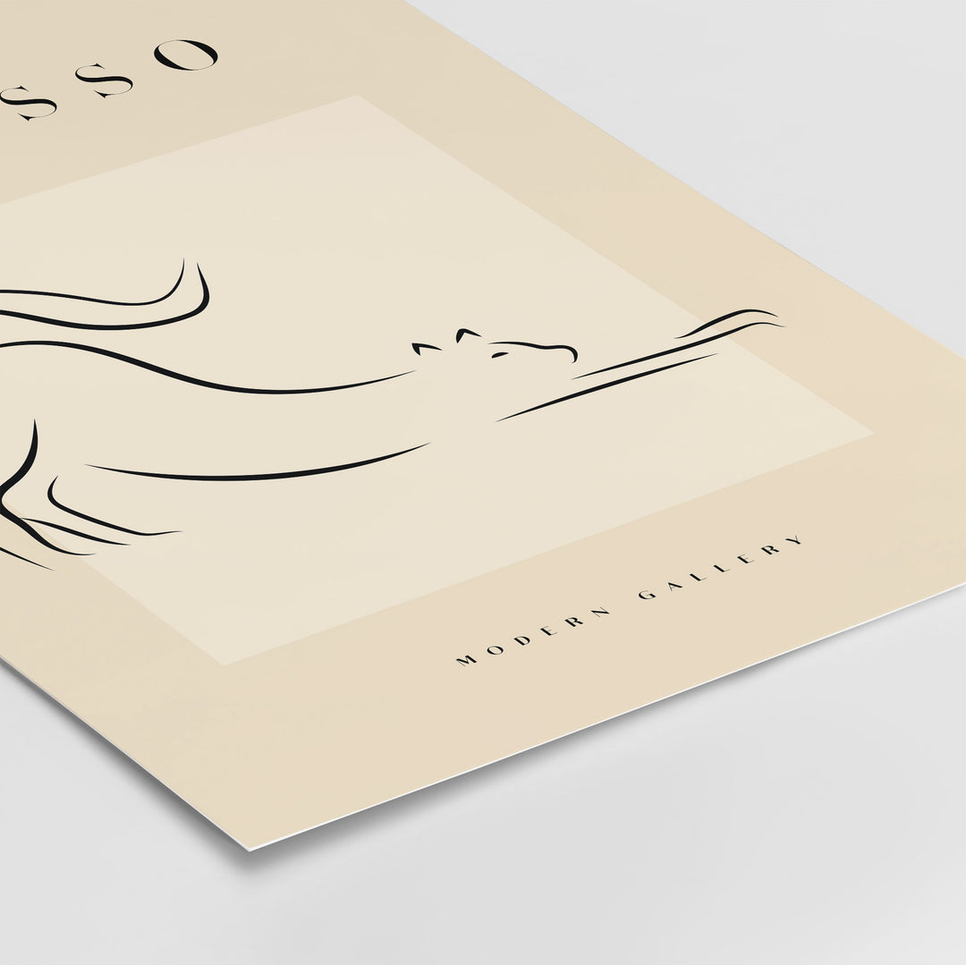 Minimalist line art poster of a stretching cat in black on beige, titled 'Picasso', from the Modern Gallery.