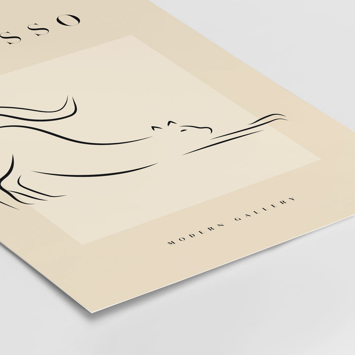 Minimalist line art poster of a stretching cat in black on beige, titled 'Picasso', from the Modern Gallery.