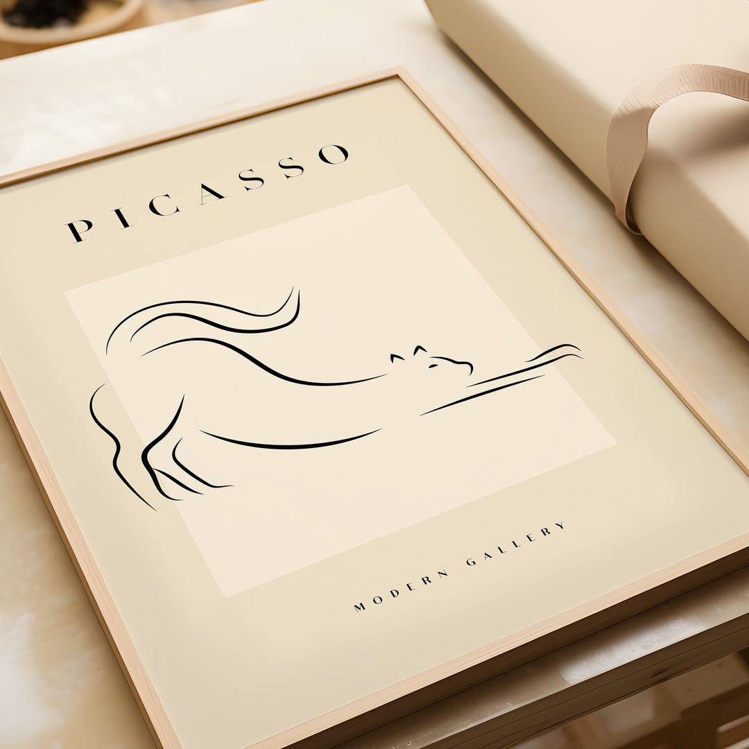 Minimalist line art poster of a stretching cat, inspired by Picasso, framed in a modern style.