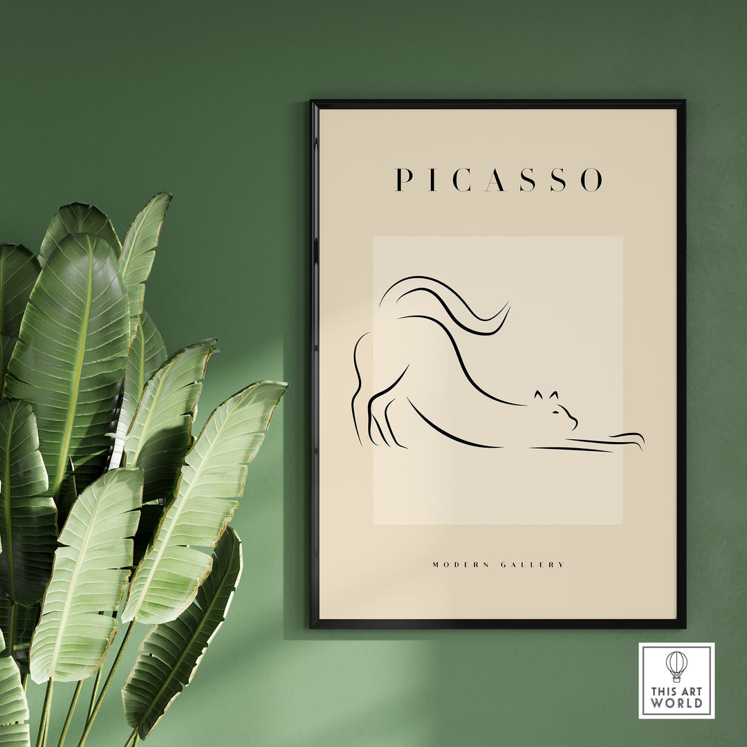 Minimalist Picasso inspired stretching cat line art poster in a modern gallery setting.