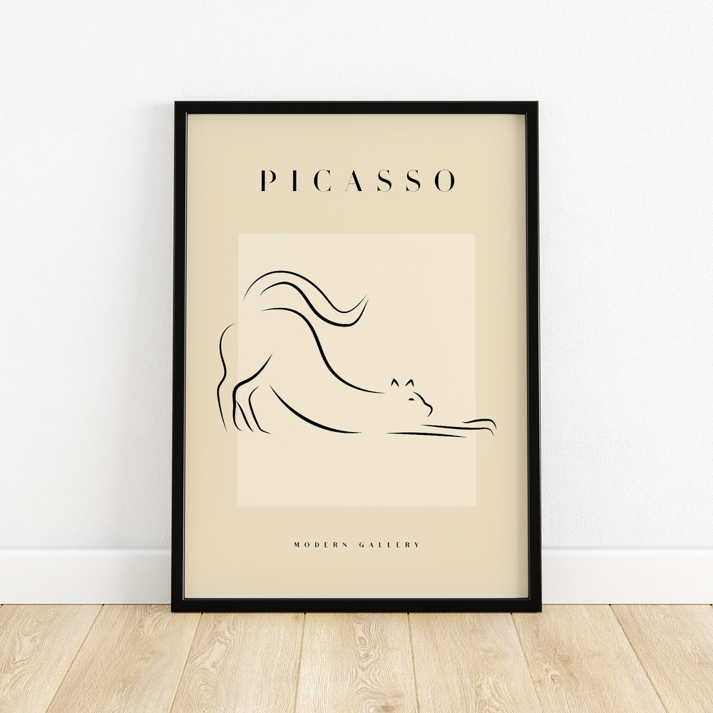 Minimalist Picasso stretching cat line art poster in black frame, ideal for modern wall decor in neutral tones.