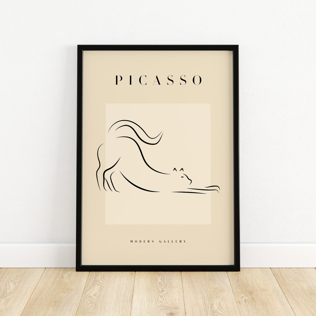 Minimalist Picasso stretching cat line art poster in black frame, ideal for modern wall decor in neutral tones.