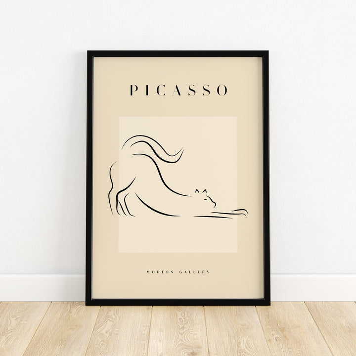Minimalist Picasso stretching cat line art poster in black frame, ideal for modern wall decor in neutral tones.