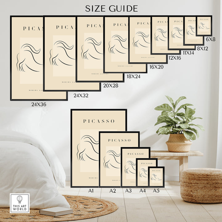 Size guide for Picasso stretching cat line art posters in various dimensions, displayed in a modern home setting.