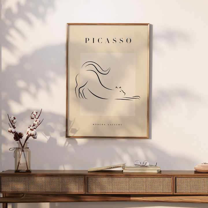 Minimalist line art poster of a stretching cat in a modern gallery setting, inspired by Picasso.