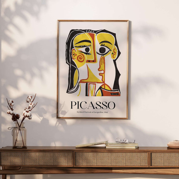 Stylized portrait of Jacqueline by Picasso, 1962, abstract art print in yellow and red, modern wall decor.