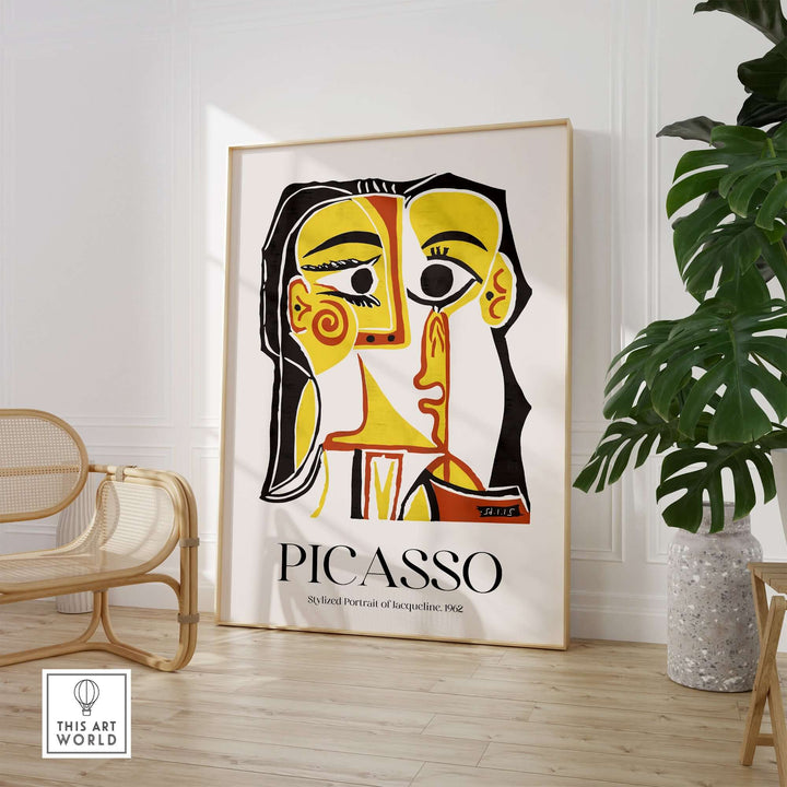 Picasso stylized portrait artwork featuring bright colors and modern design displayed in a stylish interior setting.