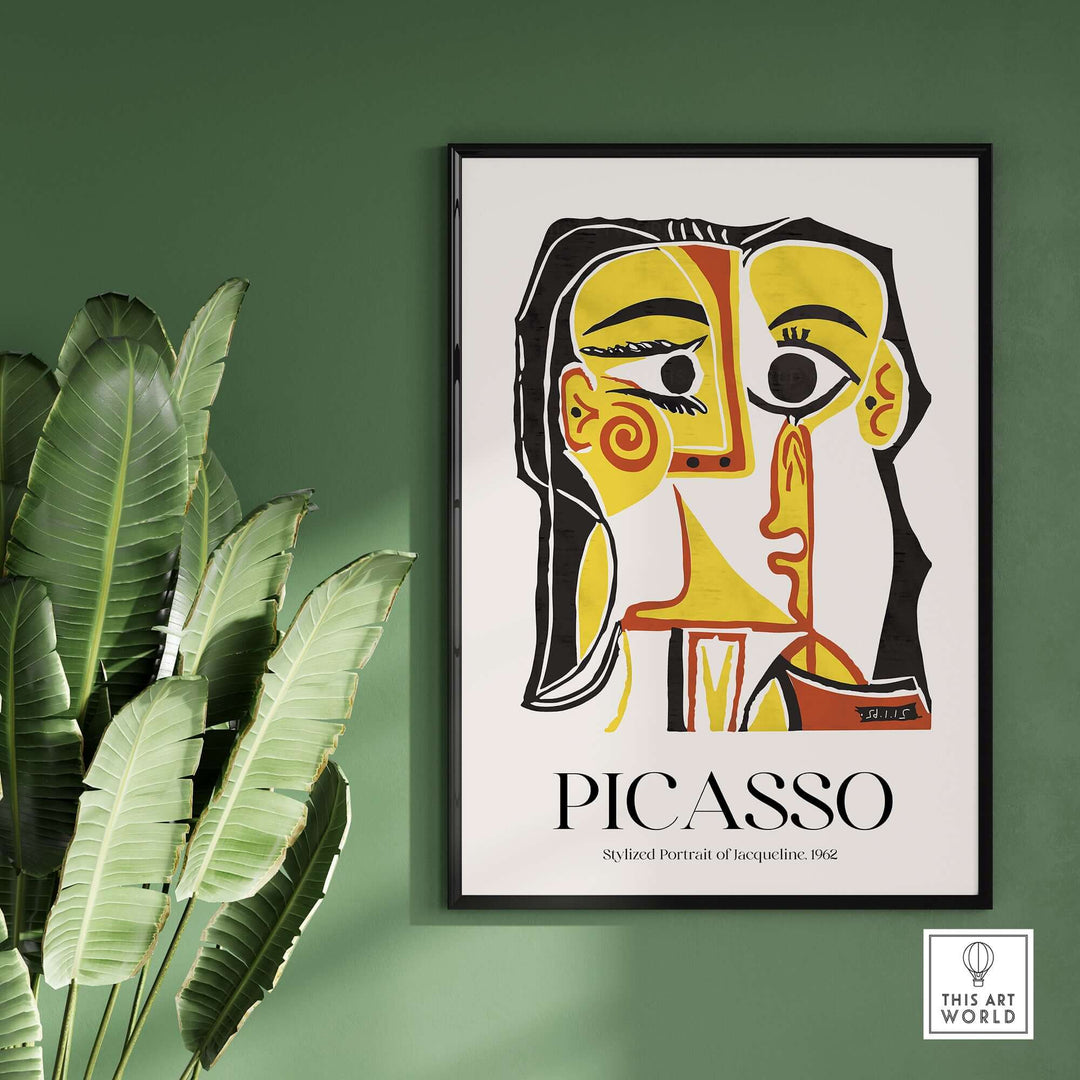 Stylized portrait of Jacqueline by Picasso, 1962, featuring bold yellow and red colors on abstract art print.