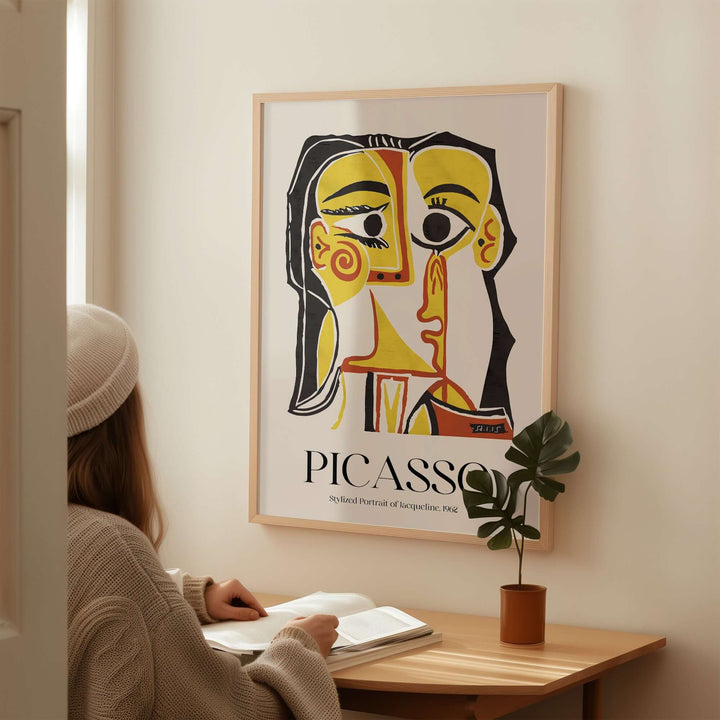 Woman admiring Picasso's Stylized Portrait of Jacqueline 1962 abstract art print in a cozy interior.