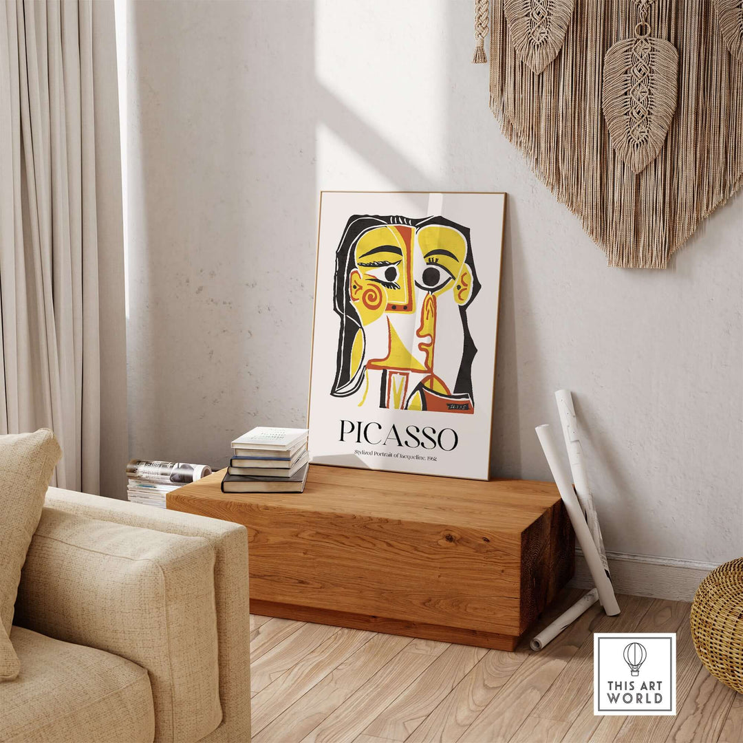 Abstract art print of Picasso's stylized portrait Jacqueline, featuring bold yellow and red hues, displayed in a modern living space.