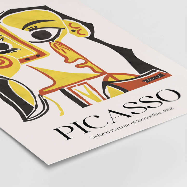 Picasso 1962 stylized portrait of Jacqueline art print in yellow and red with bold outlines.