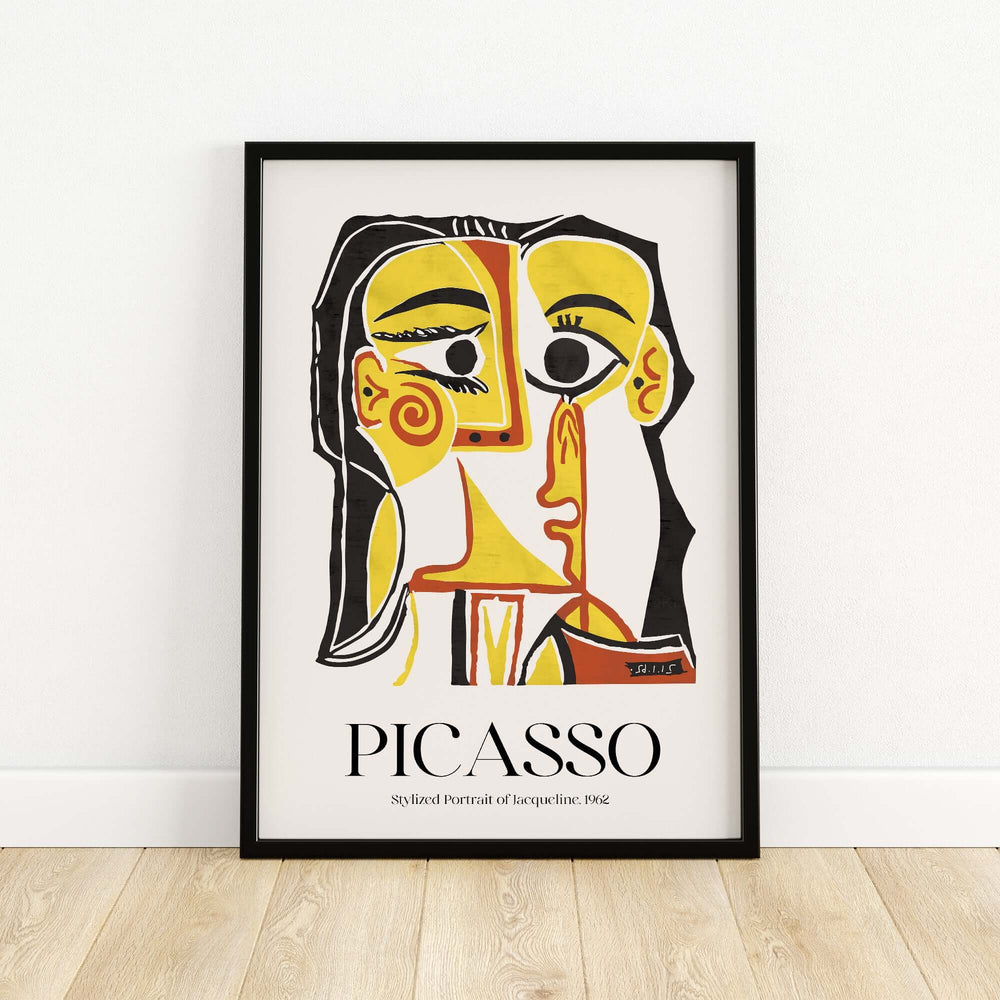 Picasso stylized portrait of Jacqueline 1962 abstract art print in yellow and red with strong black outlines.