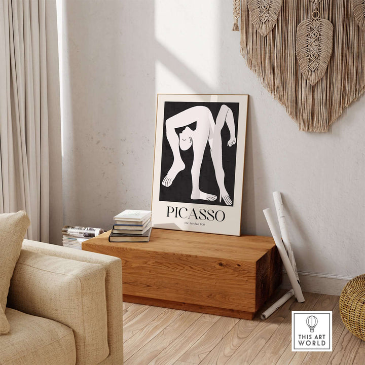 Minimalist art print of Picasso's 'The Acrobat' (1930) displayed in a stylish living room decor.