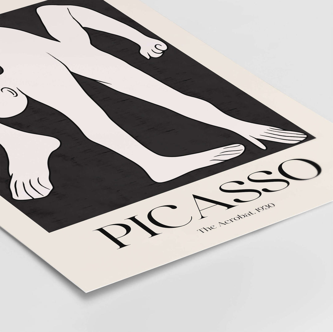 Picasso The Acrobat 1930 minimalist black and white art print featuring a stylized figure in a dynamic pose.