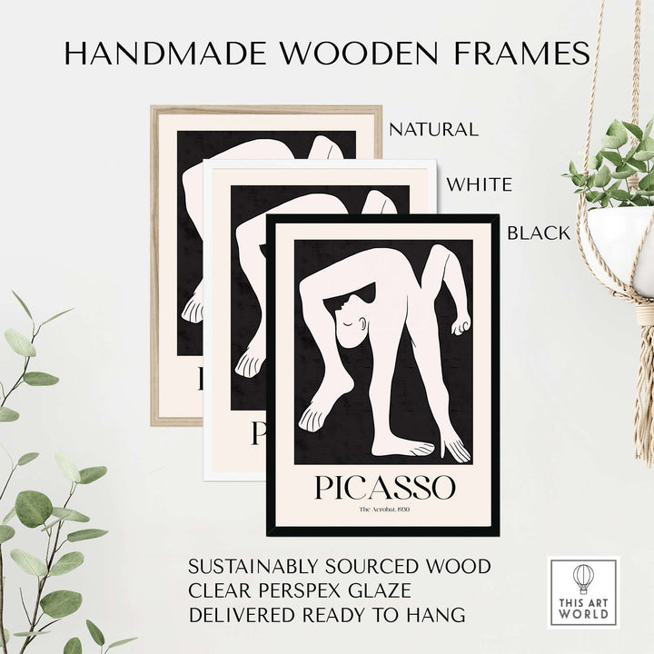Handmade wooden frames in natural, white, and black for Picasso art prints with clear perspex glaze.