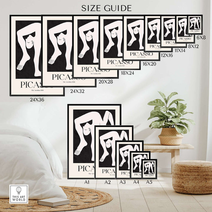 Size guide for Picasso The Acrobat poster prints showcasing various dimensions for wall decor.