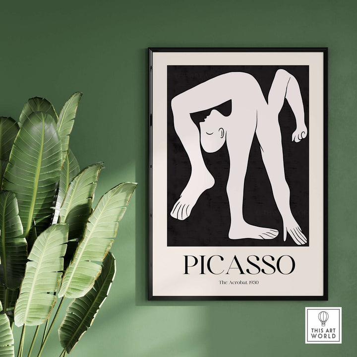Minimalist black and white poster of Picasso's 'The Acrobat' (1930) featuring a stylized figure in a backbend.