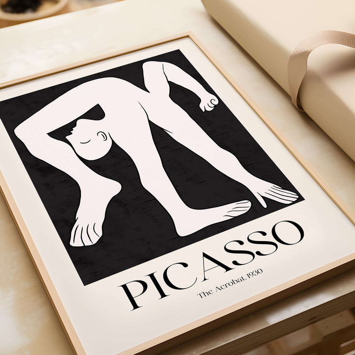 Minimalist Picasso The Acrobat 1930 black and white art print showcasing a stylized figure in a dynamic pose.
