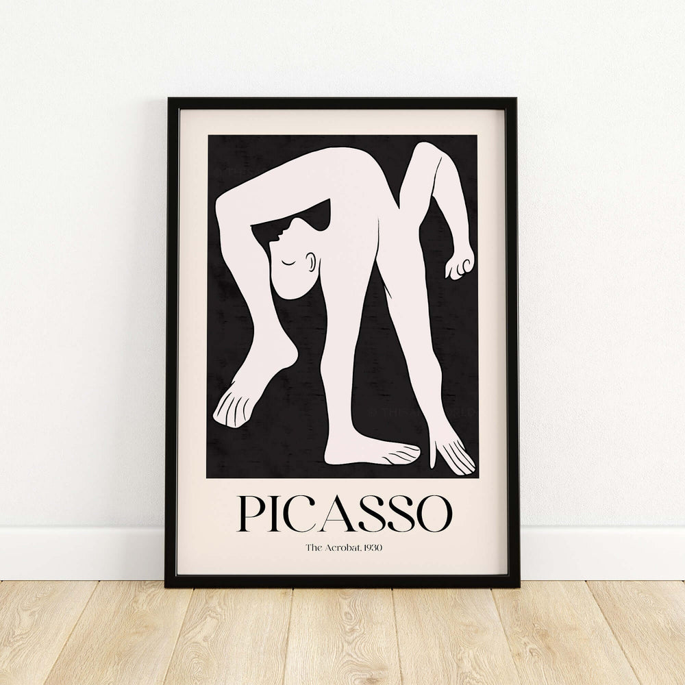 Picasso The Acrobat 1930 black and white minimalist art print framed on a wall, showcasing a stylized figure in a dynamic pose.