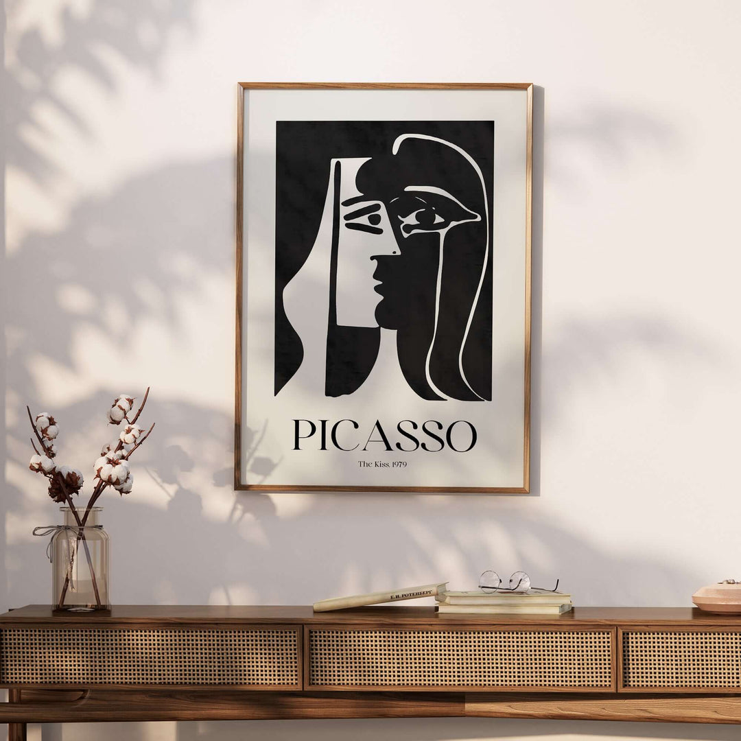 Picasso The Kiss 1979 black and white abstract poster art print displayed in a stylish home setting.