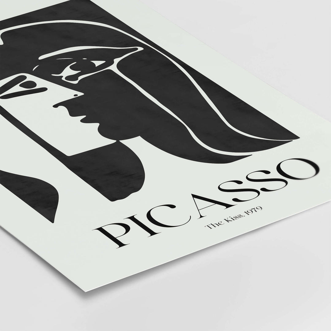 Picasso The Kiss 1979 black and white abstract poster art print featuring profiles and minimalist design.