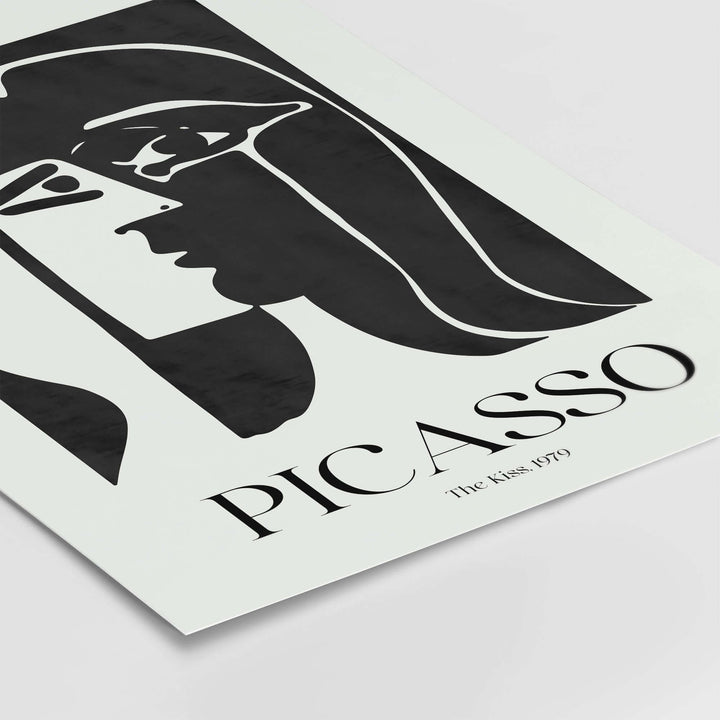 Picasso The Kiss 1979 black and white abstract poster art print featuring profiles and minimalist design.