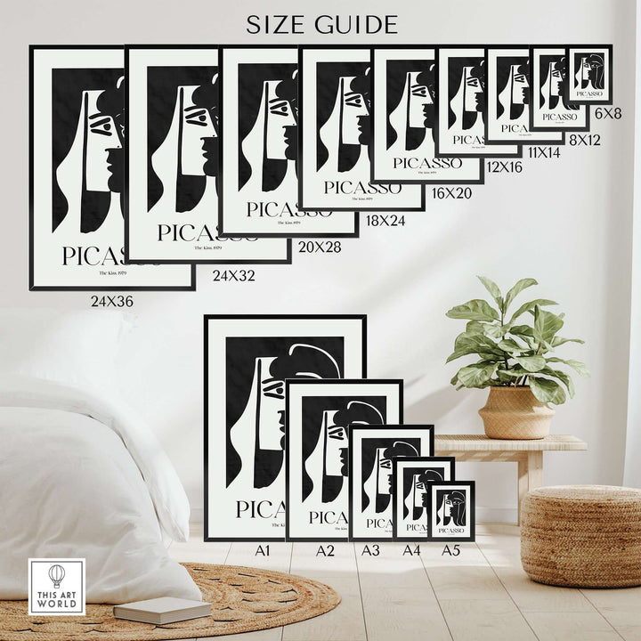 Size guide for Picasso The Kiss 1979 black and white abstract art print in various frame sizes.