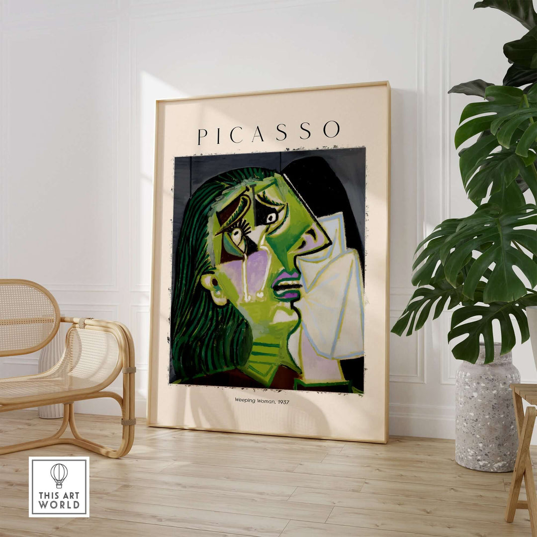 Picasso Weeping Woman 1937 art print poster depicting emotional Cubist portrait in a stylish interior setting.