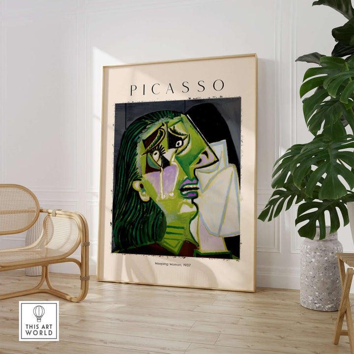 Picasso Weeping Woman 1937 art print poster depicting emotional Cubist portrait in a stylish interior setting.