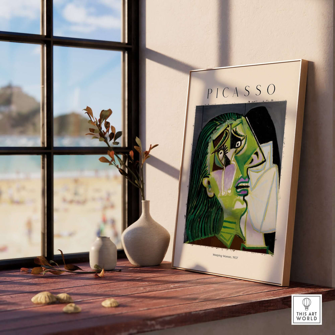 Picasso Weeping Woman 1937 Art Print displayed on a sunny windowsill, showcasing Cubist emotional wall art.