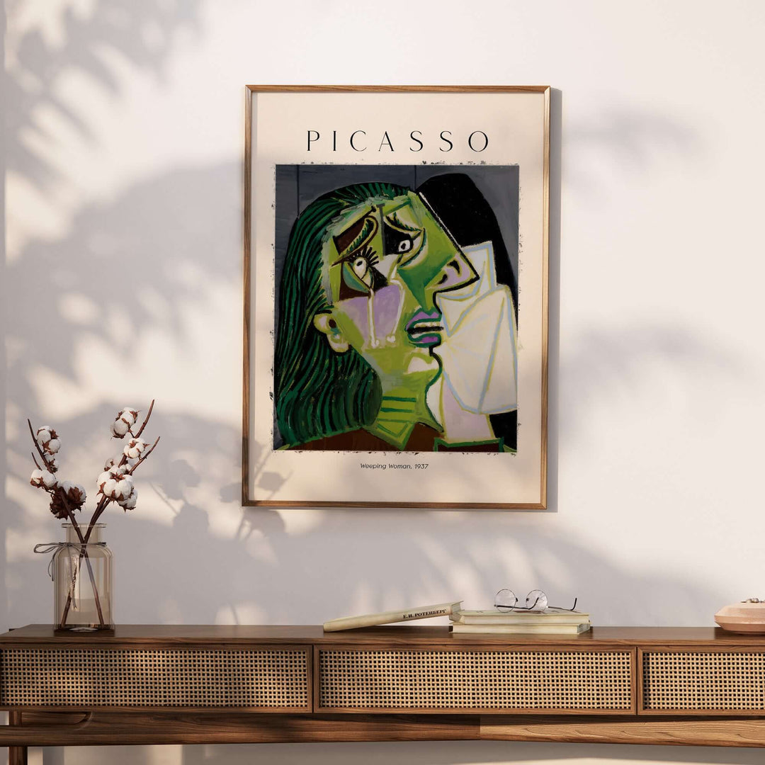 Picasso Weeping Woman 1937 art print in a modern interior, showcasing Cubist emotions with vibrant colors.