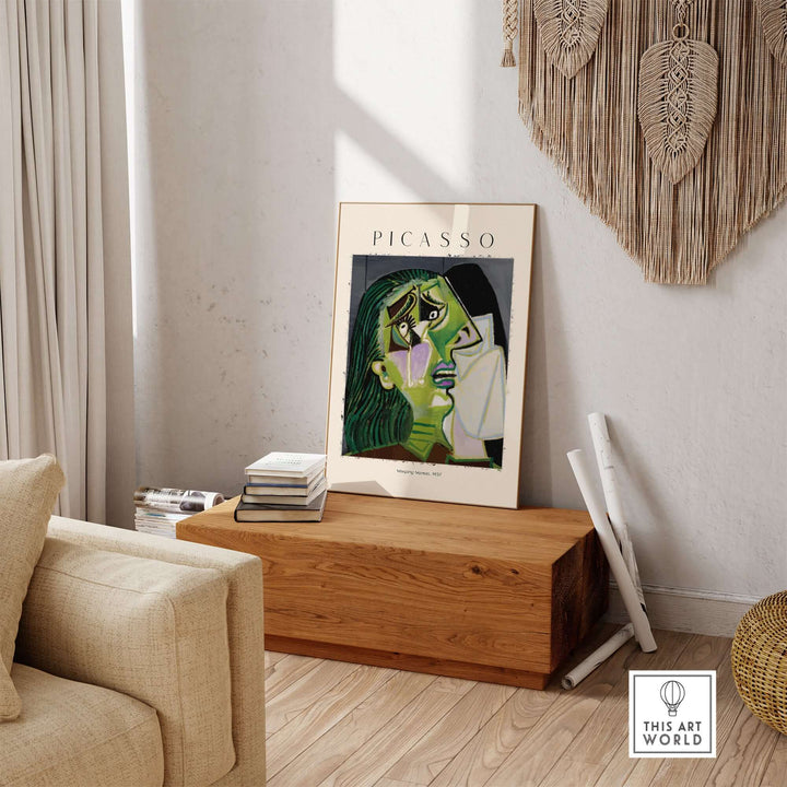 Picasso Weeping Woman art print displayed in a modern living room, showcasing Cubist style and emotional expression.