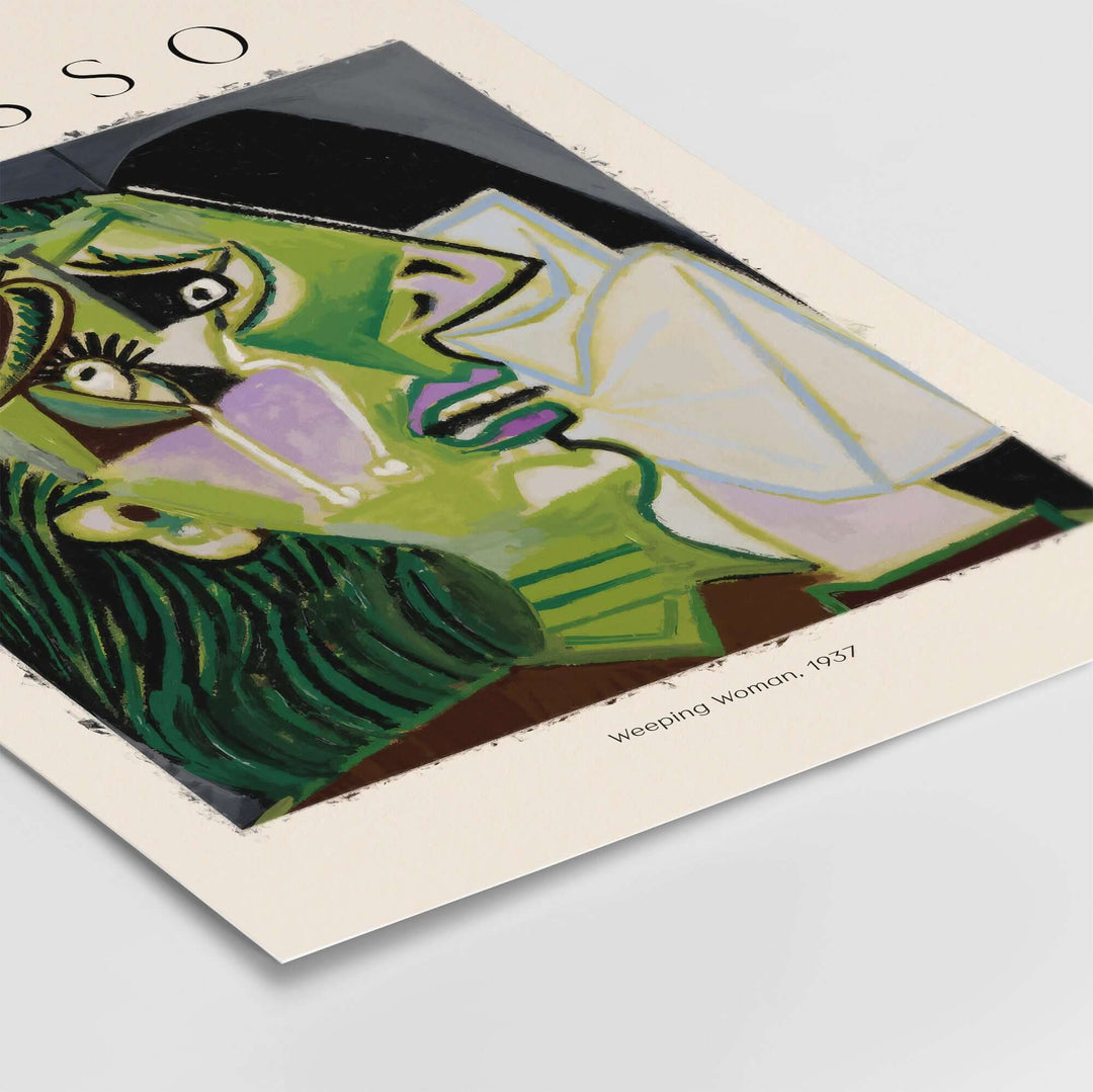 Picasso Weeping Woman 1937 art print featuring a Cubist portrait with distorted emotions and vibrant colors.